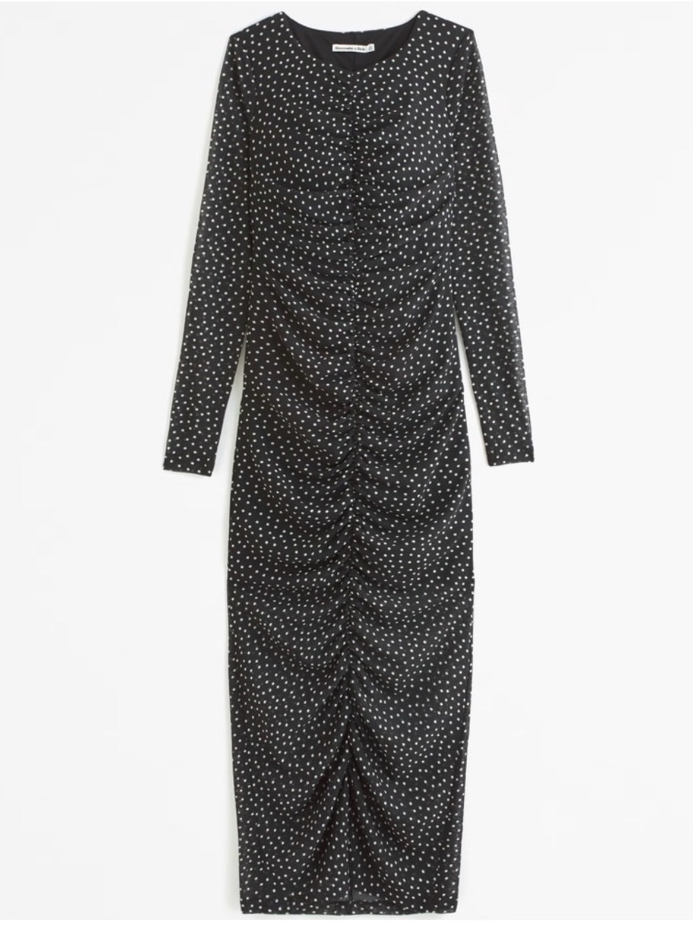 Ruched Long Sleeve Black Polka Dot Midi Dress